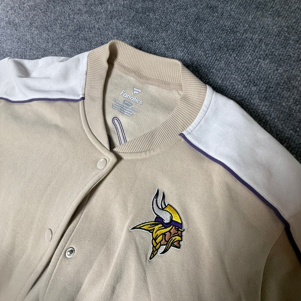 Fanatics‎ Minnesota Vikings Womens Small Varsity Jacket Tan Snap Front NFL Logo